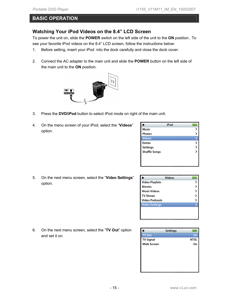 Basic operation, Watching your ipod videos on the 8.4” lcd screen | Iluv i1155 User Manual | Page 16 / 32