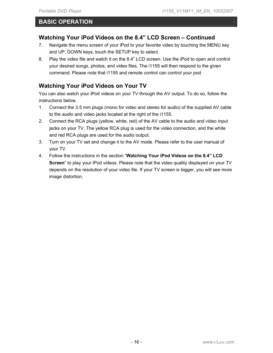 Basic operation, Watching your ipod videos on your tv | Iluv i1155 User Manual | Page 17 / 32