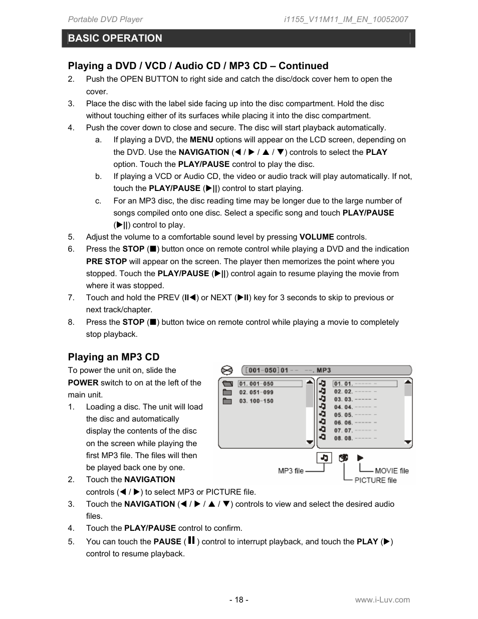 Playing an mp3 cd, Basic operation | Iluv i1155 User Manual | Page 19 / 32