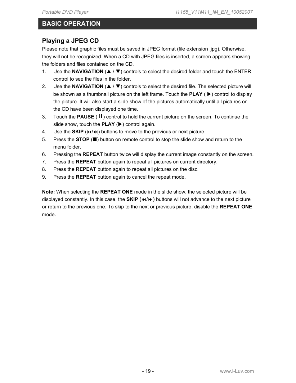 Playing a jpeg cd, Basic operation | Iluv i1155 User Manual | Page 20 / 32