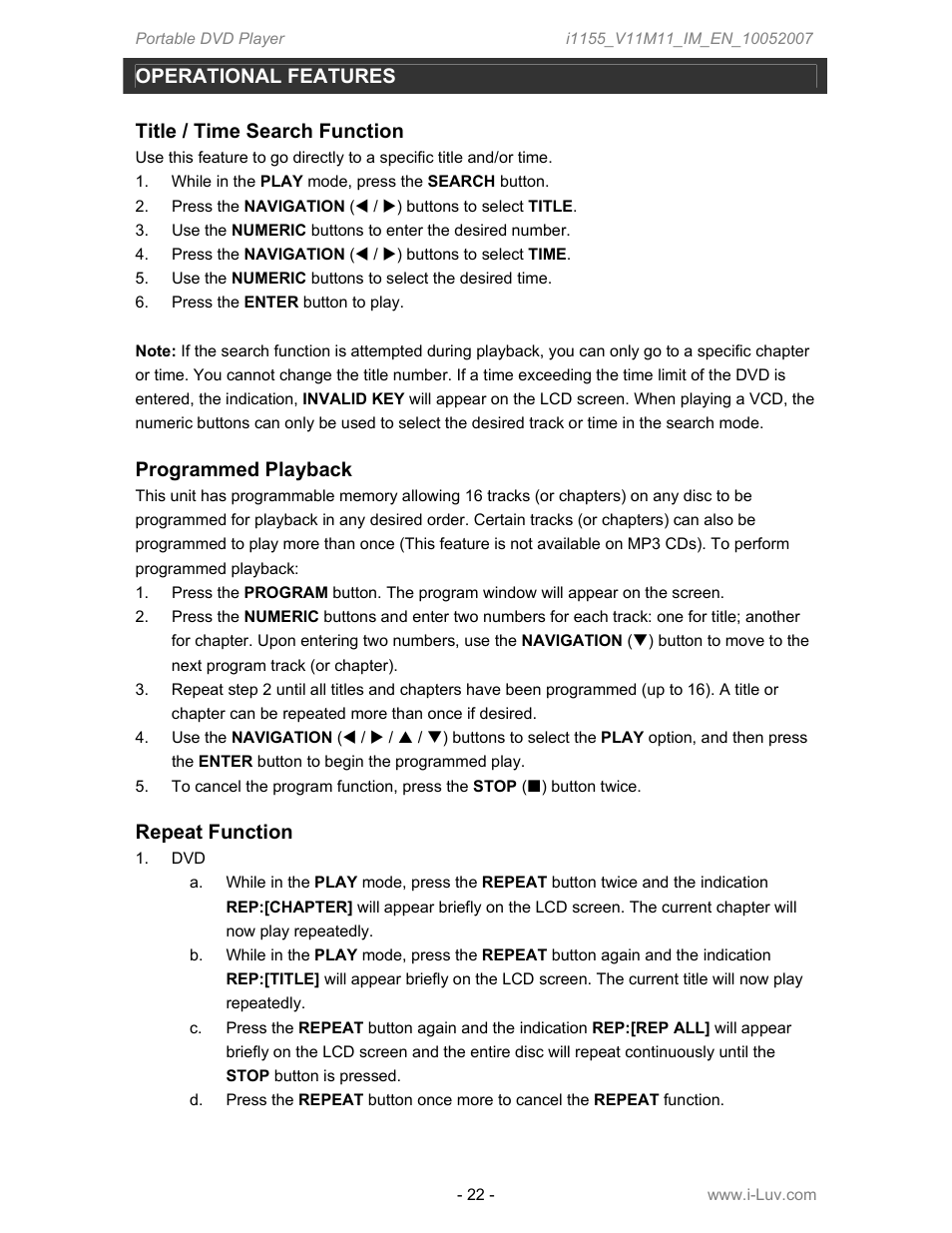 Operational features, Title / time search function, Programmed playback | Repeat function | Iluv i1155 User Manual | Page 23 / 32