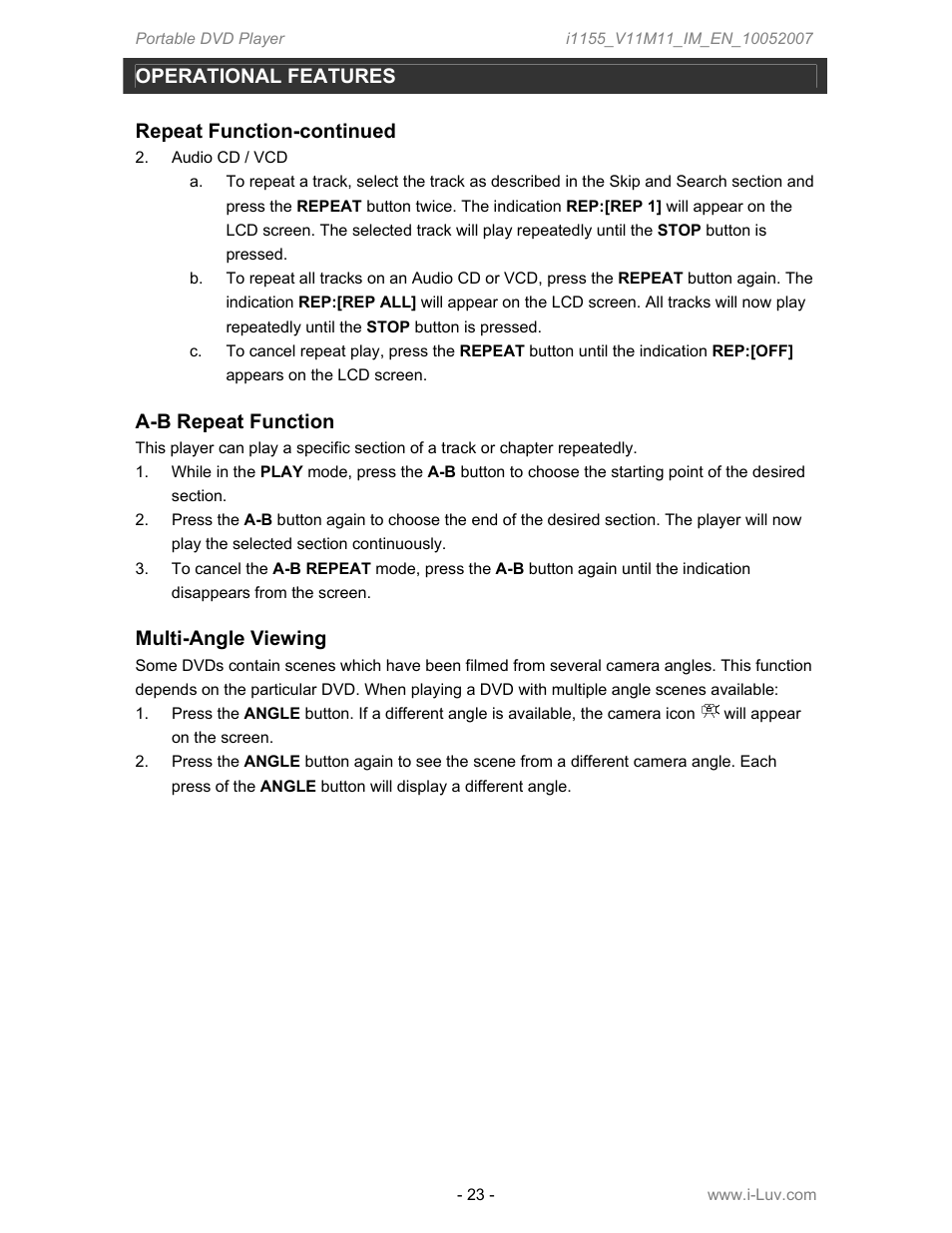 Operational features, Repeat function-continued, A-b repeat function | Multi-angle viewing | Iluv i1155 User Manual | Page 24 / 32