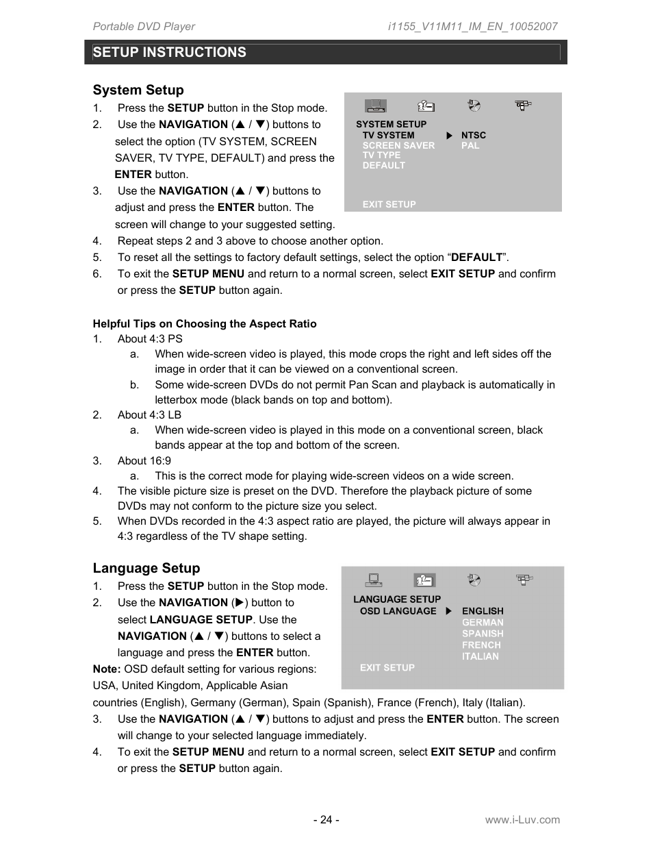 Setup instructions system setup, Language setup | Iluv i1155 User Manual | Page 25 / 32