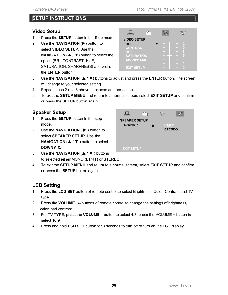 Setup instructions, Video setup, Speaker setup | Lcd setting | Iluv i1155 User Manual | Page 26 / 32