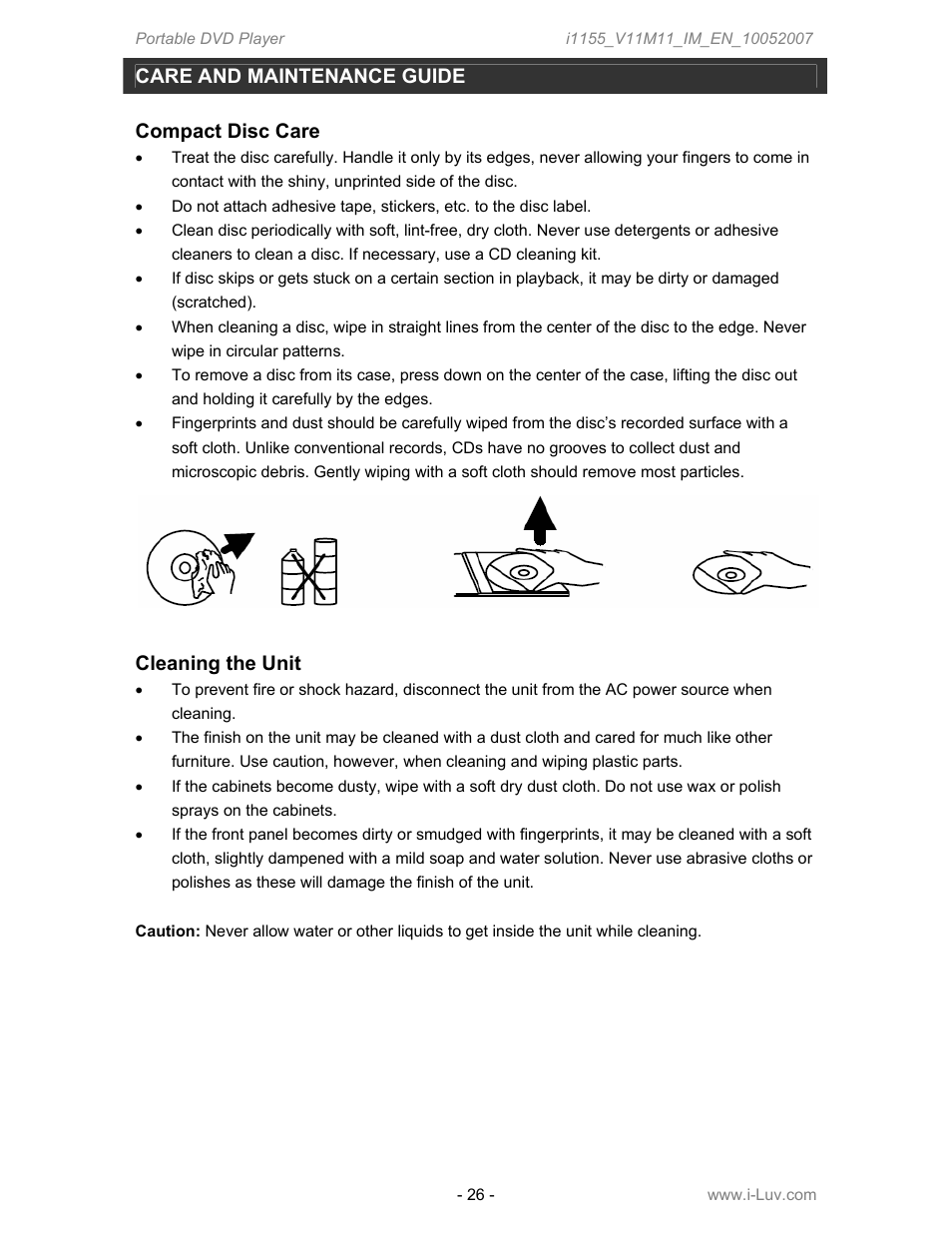 Care and maintenance guide, Compact disc care, Cleaning the unit | Iluv i1155 User Manual | Page 27 / 32