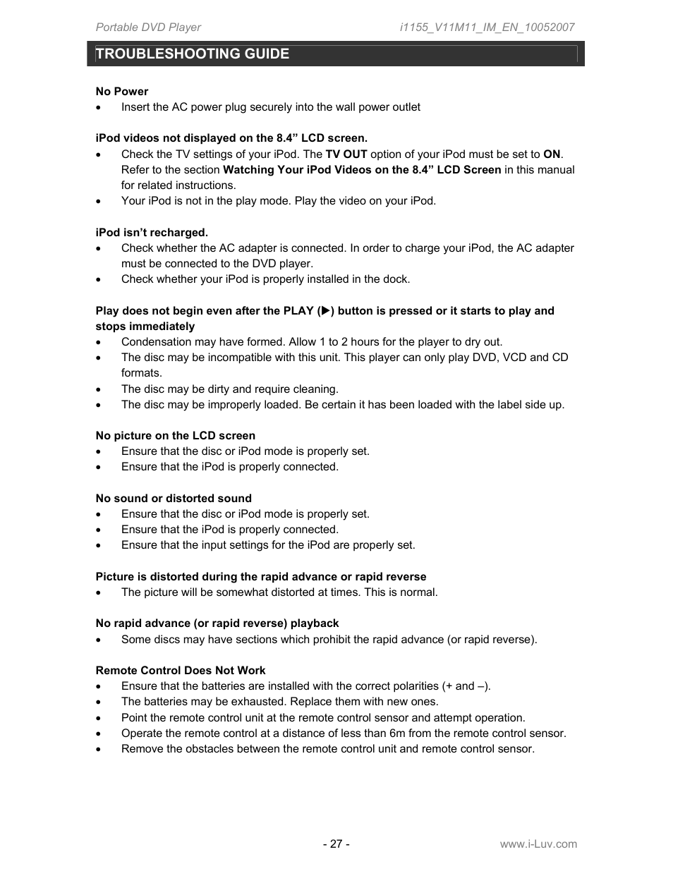 Troubleshooting guide | Iluv i1155 User Manual | Page 28 / 32