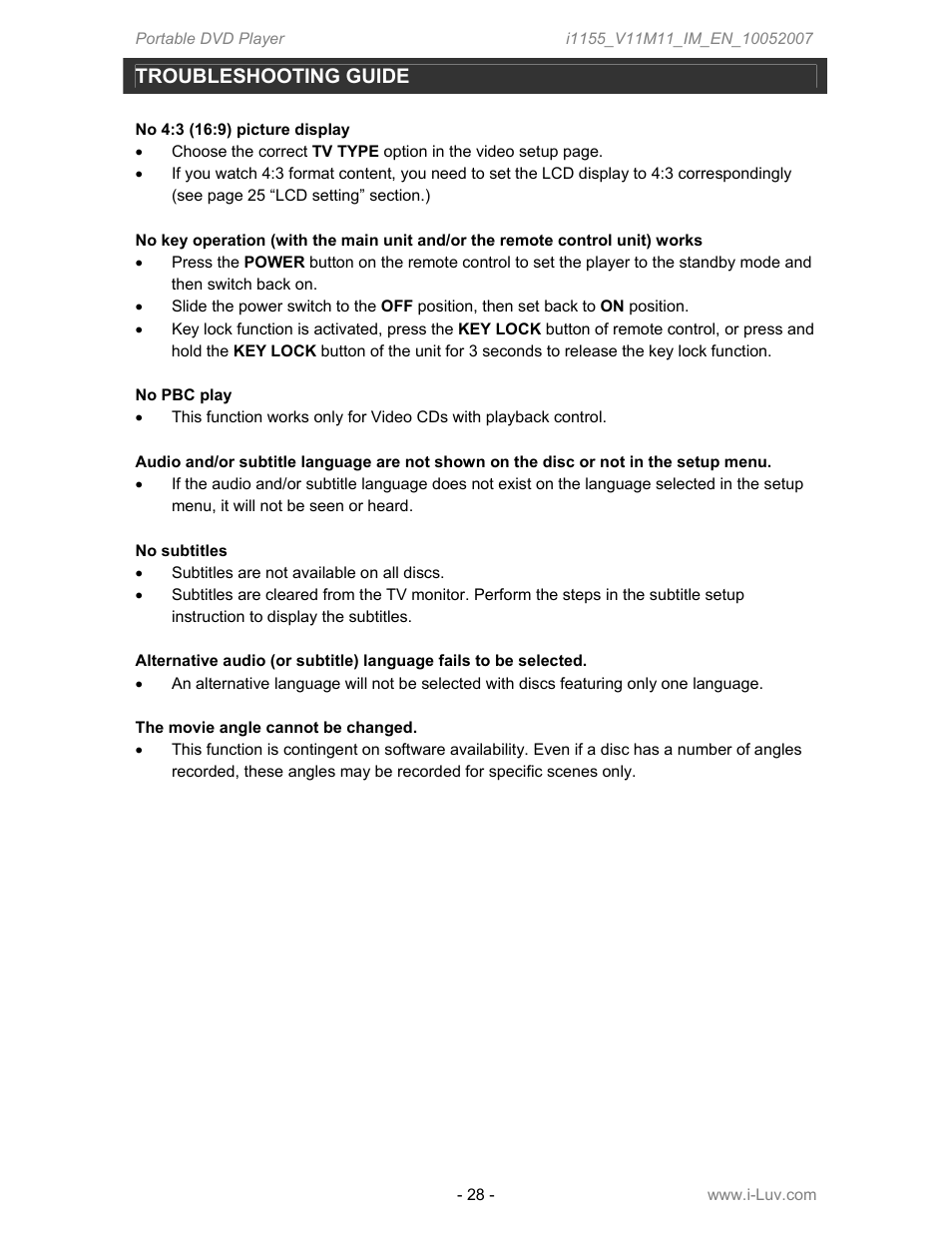 Troubleshooting guide | Iluv i1155 User Manual | Page 29 / 32