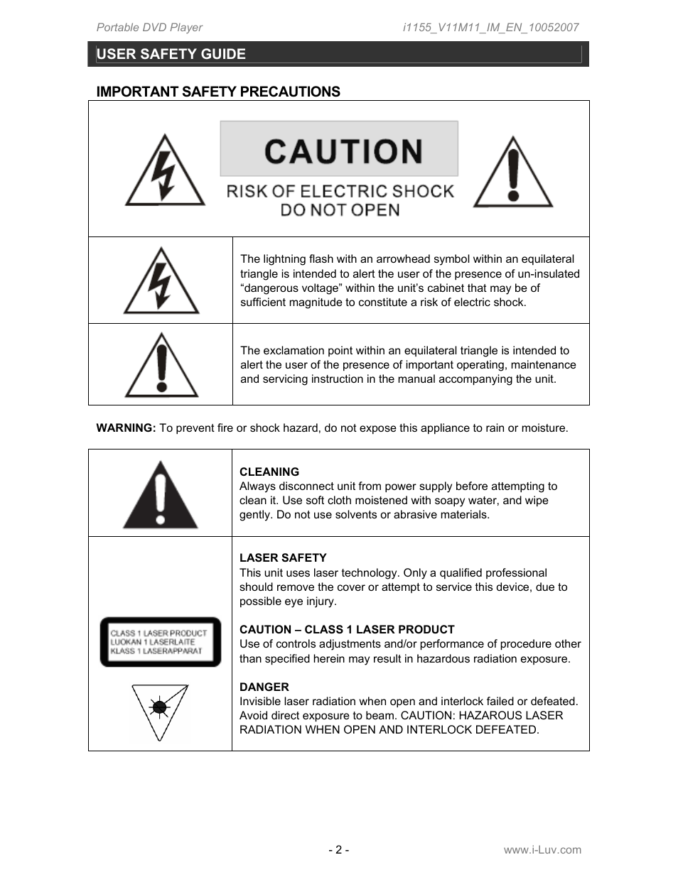 User safety guide important safety precautions | Iluv i1155 User Manual | Page 3 / 32