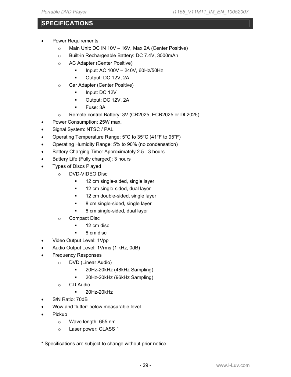 Specifications | Iluv i1155 User Manual | Page 30 / 32