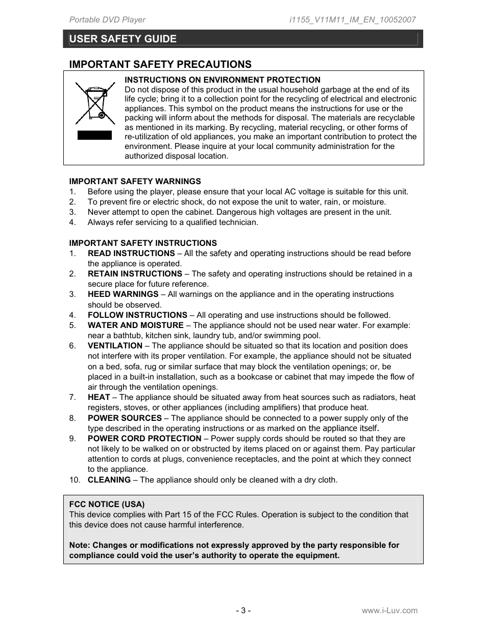 User safety guide, Important safety precautions | Iluv i1155 User Manual | Page 4 / 32