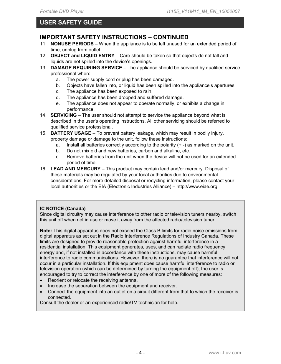 User safety guide, Important safety instructions – continued | Iluv i1155 User Manual | Page 5 / 32