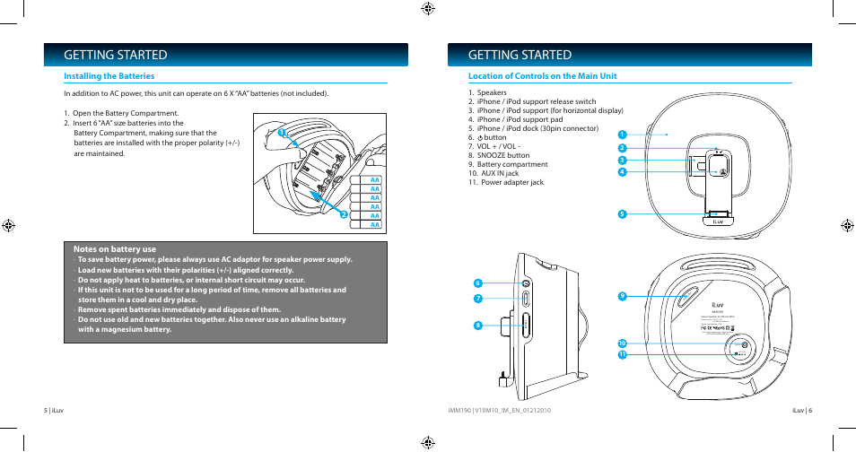 Getting started, Location of controls on the main unit | Iluv IMM190 User Manual | Page 4 / 10