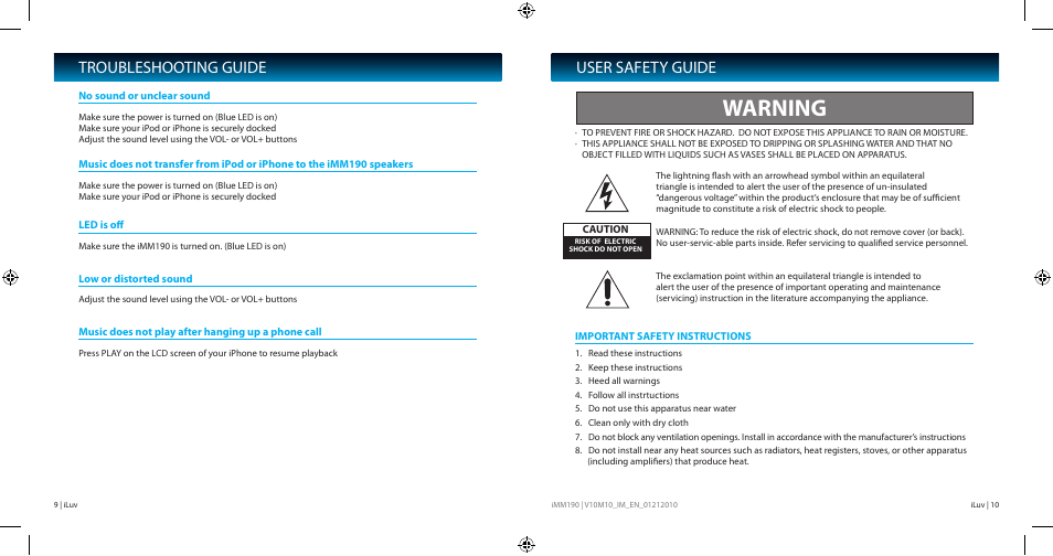Warning, User safety guide, Troubleshooting guide | Iluv IMM190 User Manual | Page 6 / 10