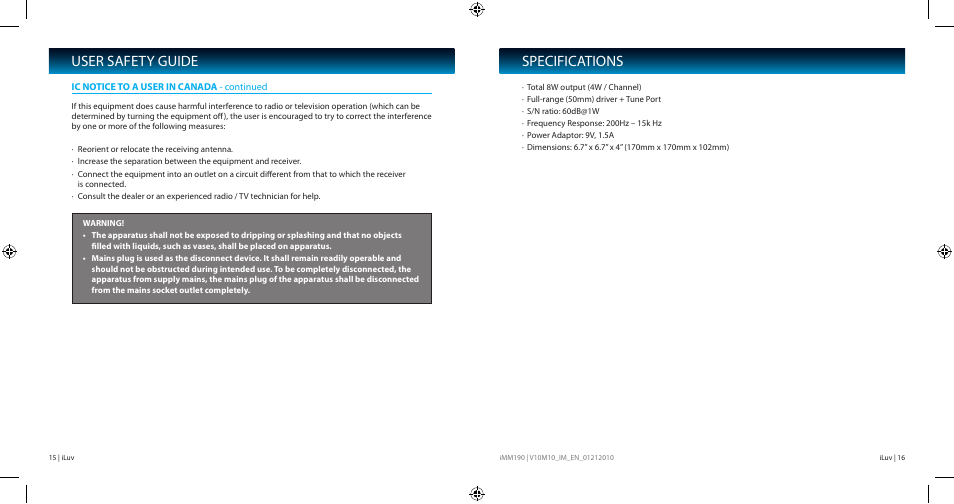Specifications, User safety guide | Iluv IMM190 User Manual | Page 9 / 10