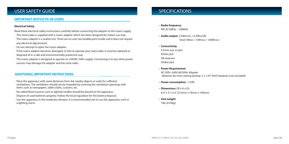 Specifications, User safety guide | Iluv IMM153 User Manual | Page 10 / 10