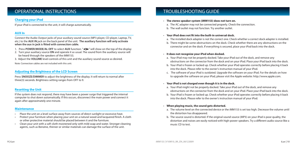 Troubleshooting guide, Operational instructions | Iluv IMM153 User Manual | Page 6 / 10