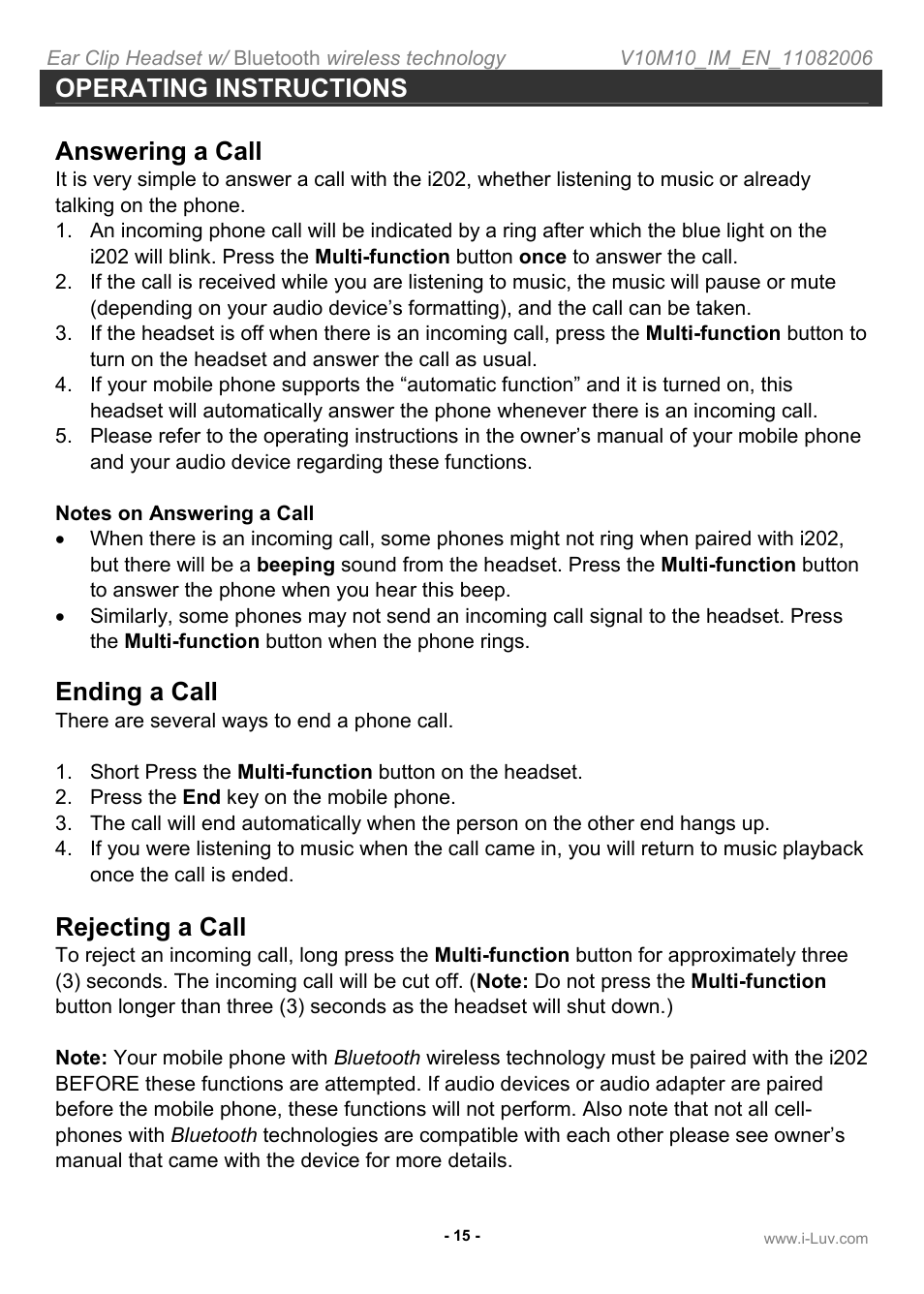 Operating instructions answering a call, Ending a call, Rejecting a call | Iluv i202 User Manual | Page 16 / 20