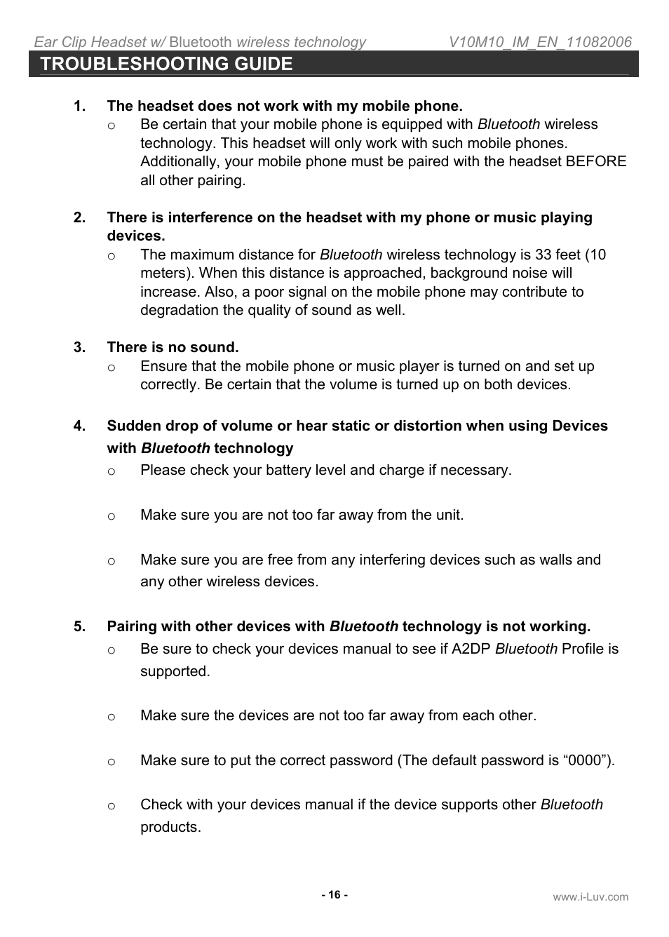 Troubleshooting guide | Iluv i202 User Manual | Page 17 / 20