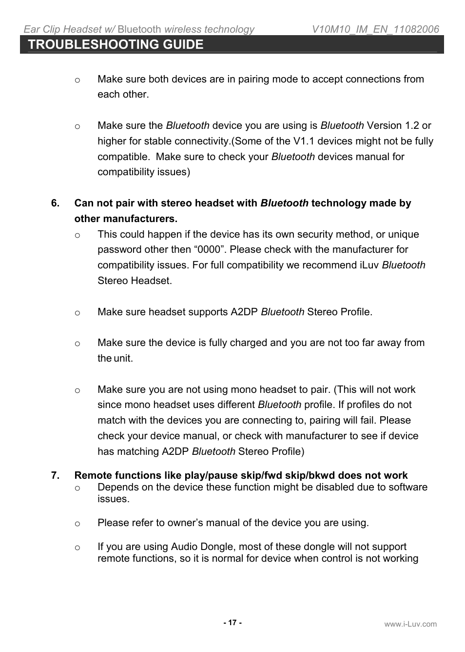 Troubleshooting guide | Iluv i202 User Manual | Page 18 / 20