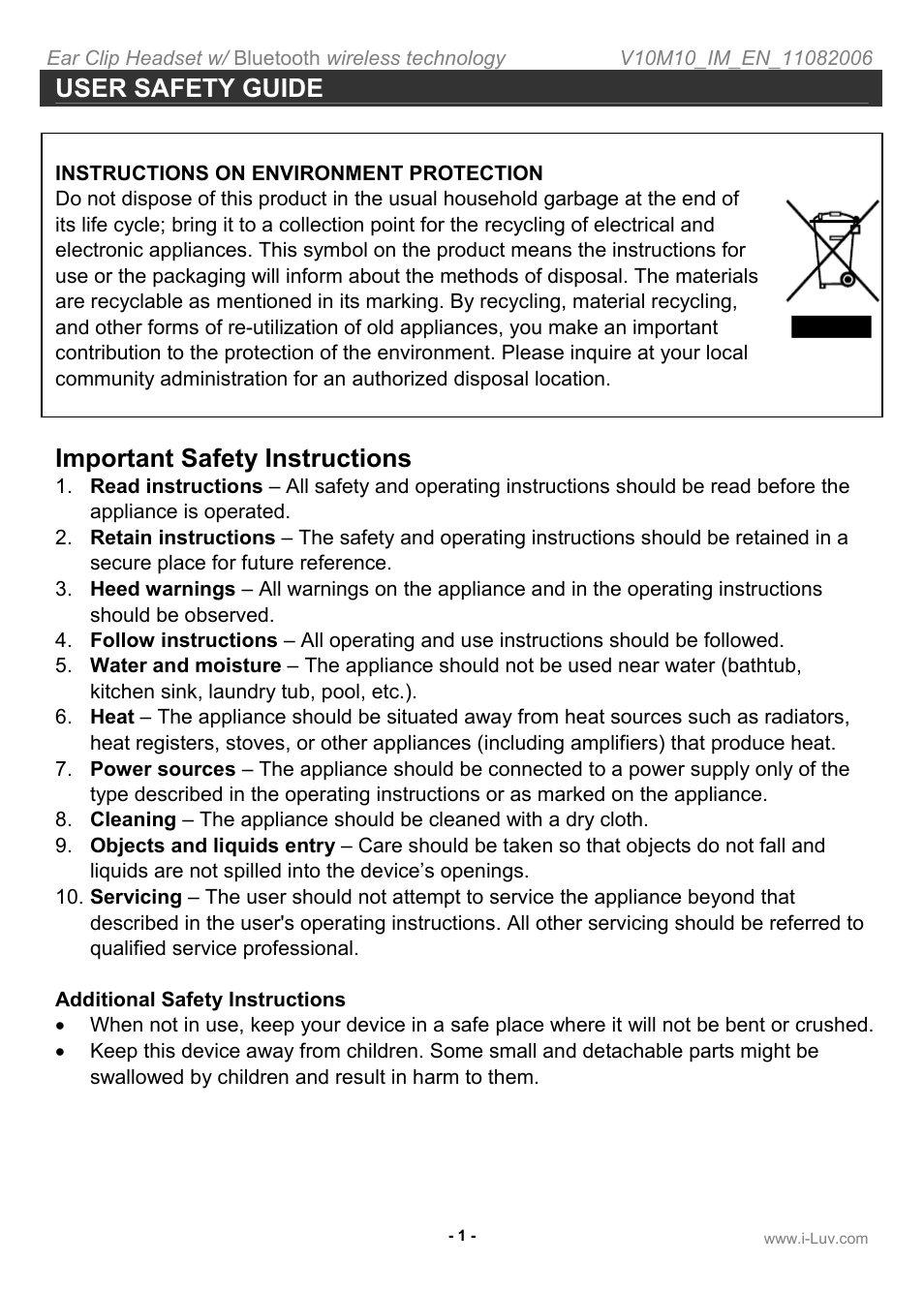 User safety guide, Important safety instructions | Iluv i202 User Manual | Page 2 / 20