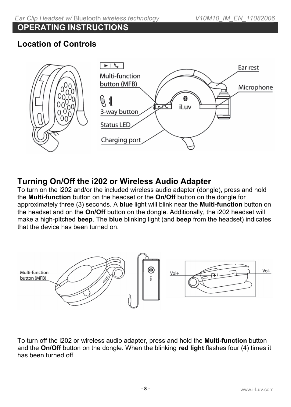Operating instructions, Location of controls, Turning on/off the i202 or wireless audio adapter | Iluv i202 User Manual | Page 9 / 20