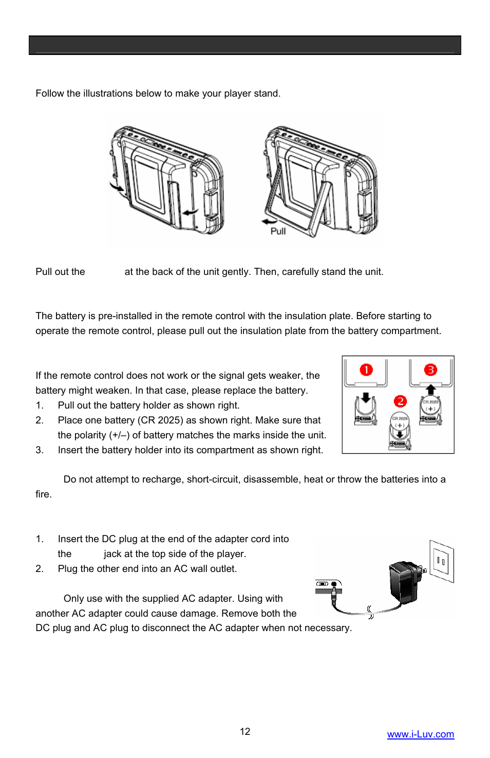 Getting started, How to make your player stand, First time to use the remote control | Remote control battery installation, Using the ac adapter | Iluv i1055 User Manual | Page 13 / 36