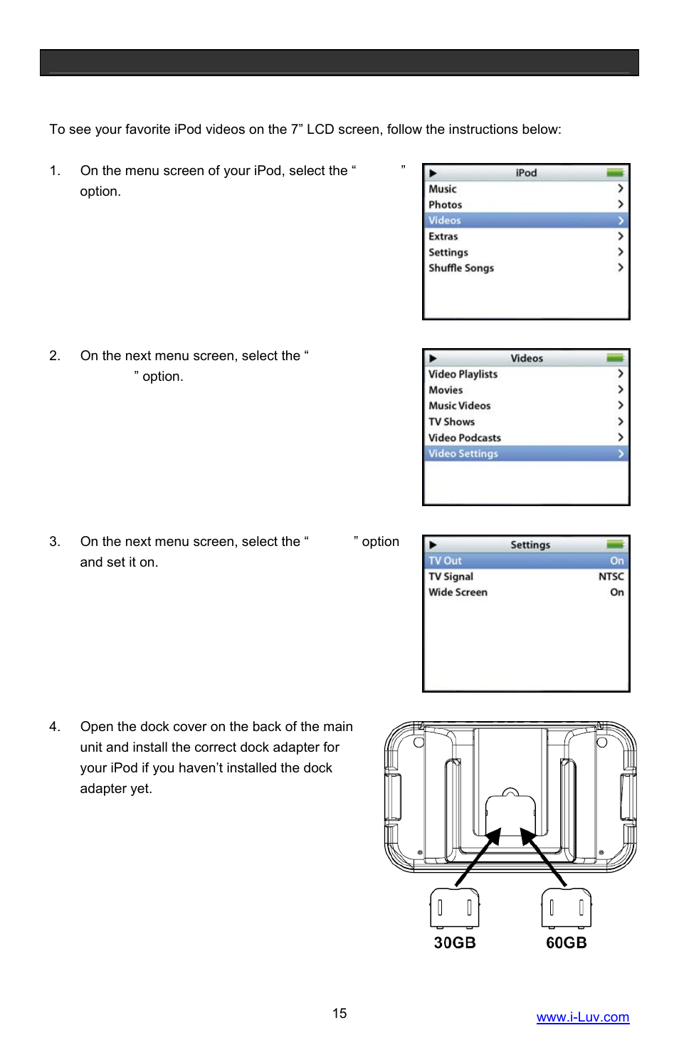 Basic operation, Watching your ipod videos on the 7” lcd screen | Iluv i1055 User Manual | Page 16 / 36