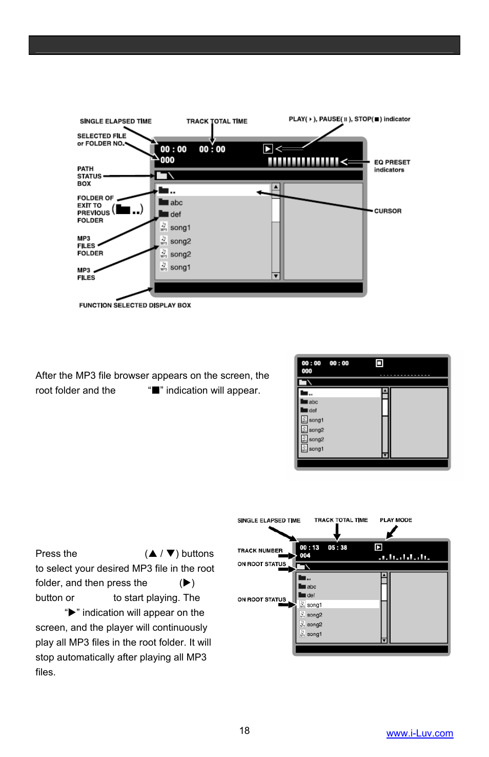 Basic operation, Mp3 file browser, Loading an mp3 cd | Playing an mp3 file in the root folder | Iluv i1055 User Manual | Page 19 / 36