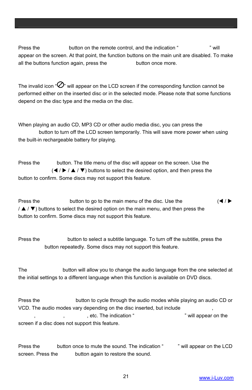 Operational features, Panel key lock, Invalid icon | Lcd screen on / off function, Title menu feature, Dvd menu feature, Subtitle feature, Audio menu feature, Audio mode, Mute function | Iluv i1055 User Manual | Page 22 / 36