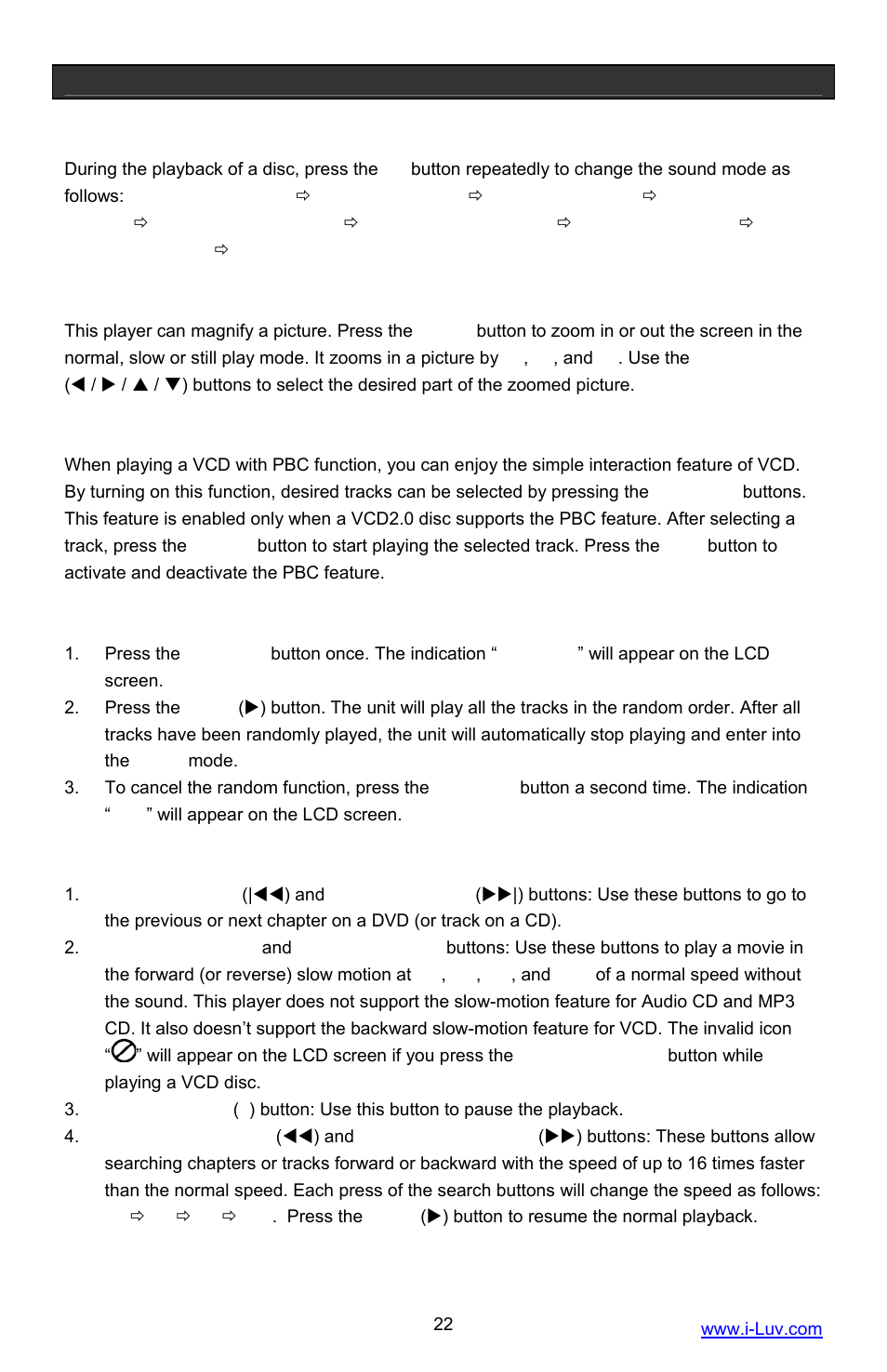 Operational features, 3d sound, Zoom function | Pbc function, Random function, Skip and search functions | Iluv i1055 User Manual | Page 23 / 36