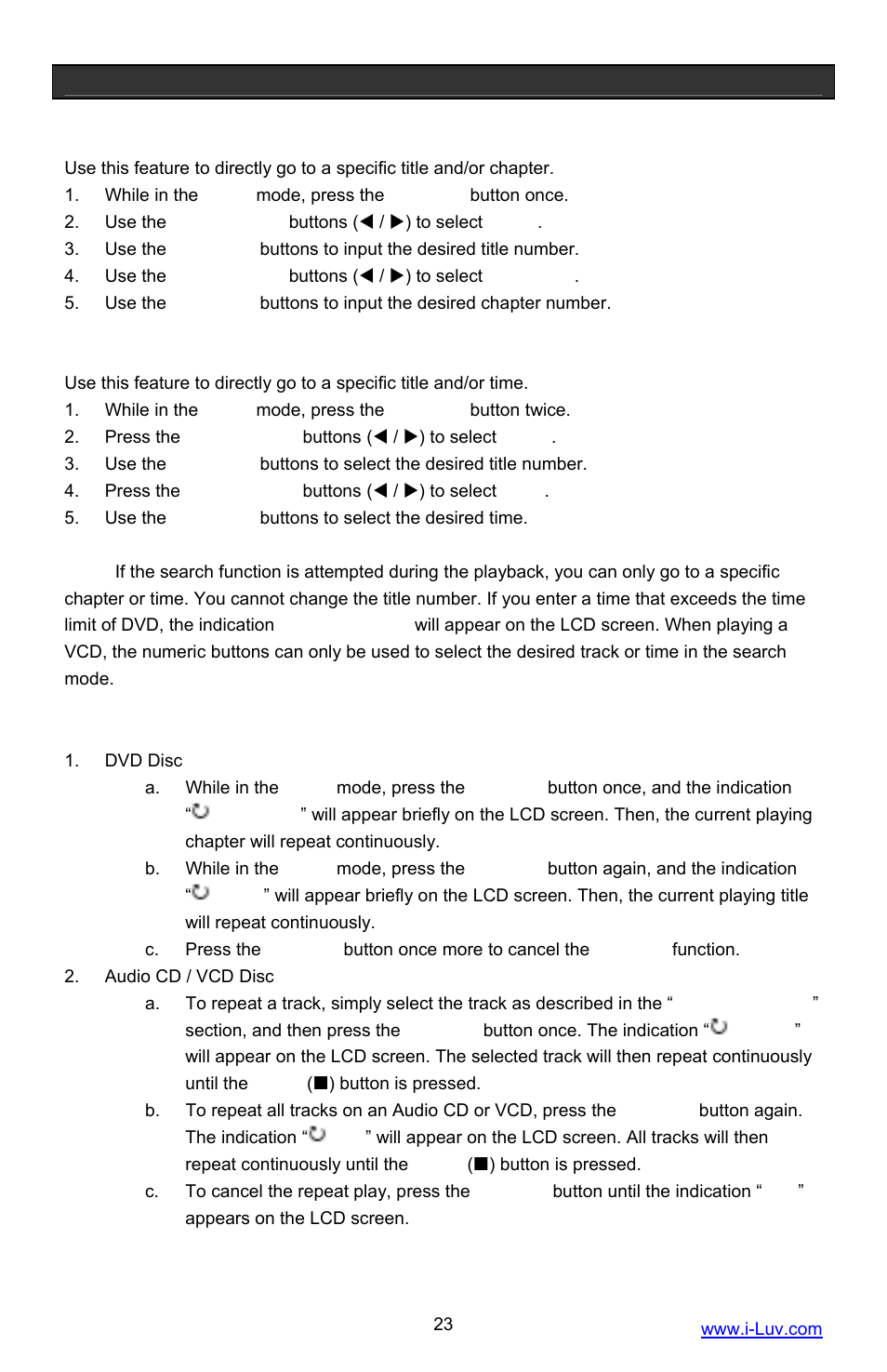 Operational features, Title / chapter search function, Title / time search function | Repeat function | Iluv i1055 User Manual | Page 24 / 36