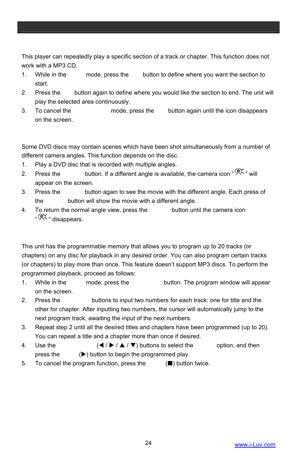 Operational features, A-b repeat function, Programmed playback | Iluv i1055 User Manual | Page 25 / 36