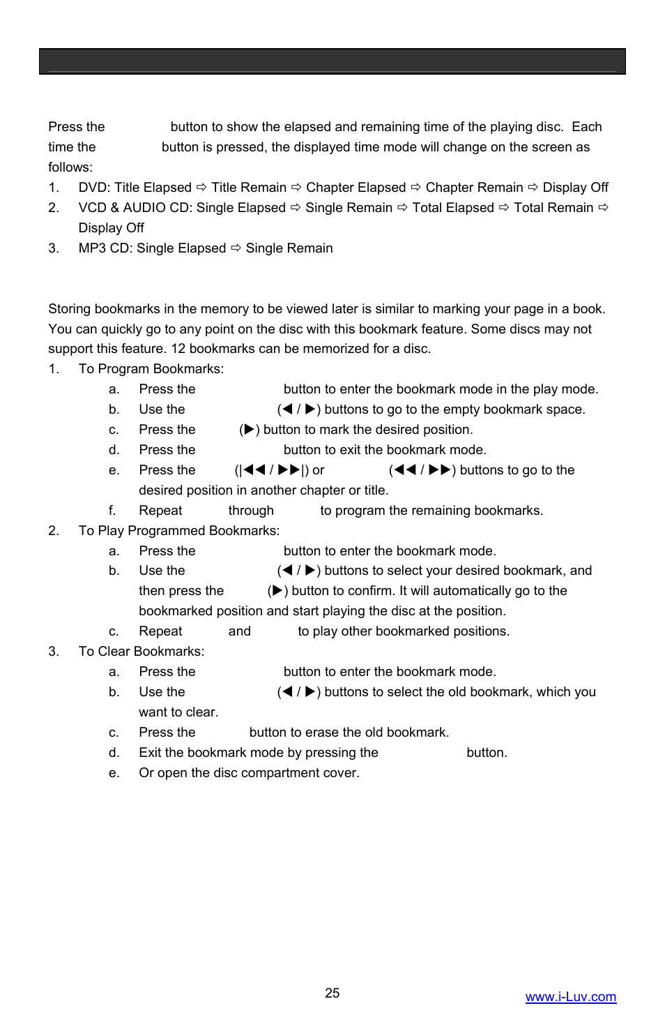 Operational features, Display feature, Bookmark feature | Iluv i1055 User Manual | Page 26 / 36