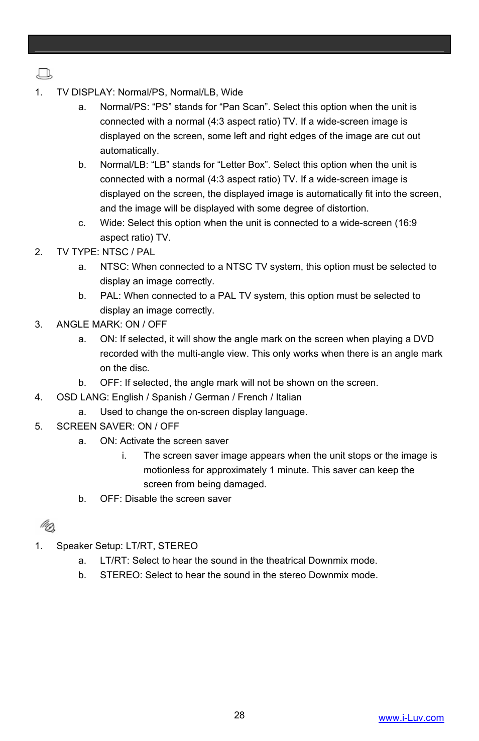 Setting up your dvd player, General setup page, Speaker setup page | Iluv i1055 User Manual | Page 29 / 36