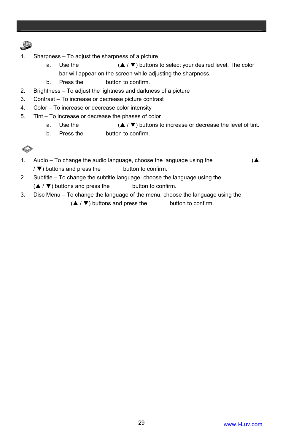 Setting up your dvd player, Video setup page, Preference setup page | Iluv i1055 User Manual | Page 30 / 36