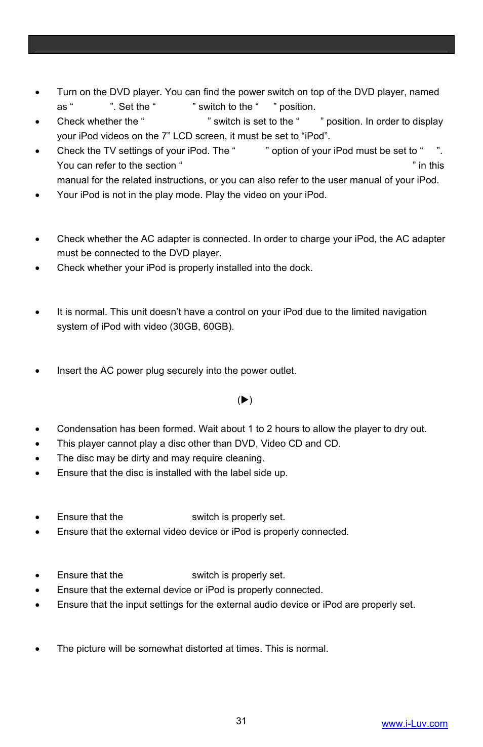Troubleshooting guide | Iluv i1055 User Manual | Page 32 / 36
