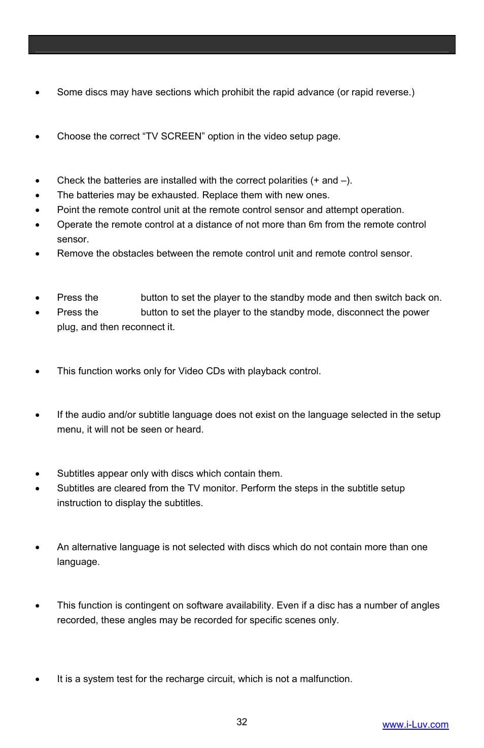 Troubleshooting guide | Iluv i1055 User Manual | Page 33 / 36