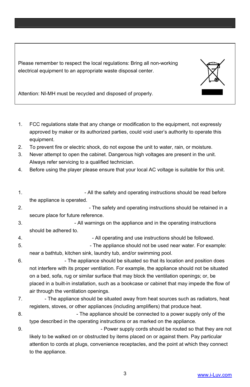 User safety guide, Important safety precautions, Important safety warnings | Important safety instructions | Iluv i1055 User Manual | Page 4 / 36