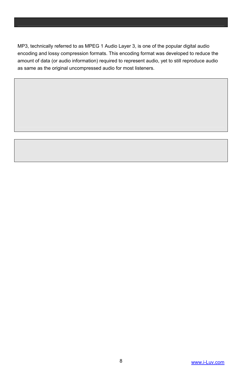 Getting started, Mp3 (mpeg 1 audio layer 3) | Iluv i1055 User Manual | Page 9 / 36