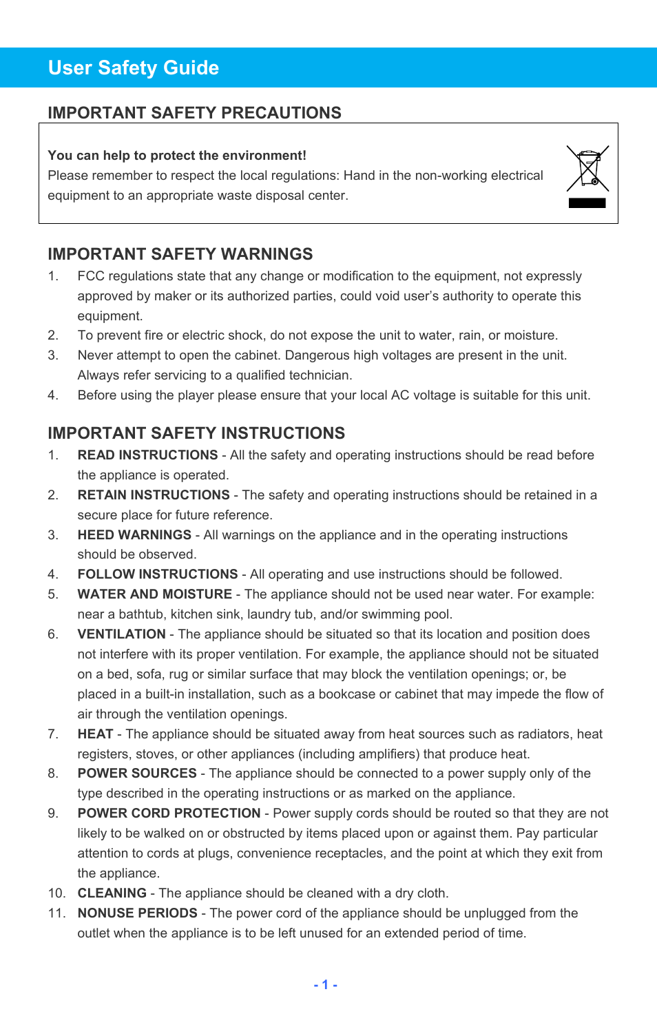 User safety guide, Important safety precautions, Important safety warnings | Important safety instructions | Iluv i182 User Manual | Page 2 / 41