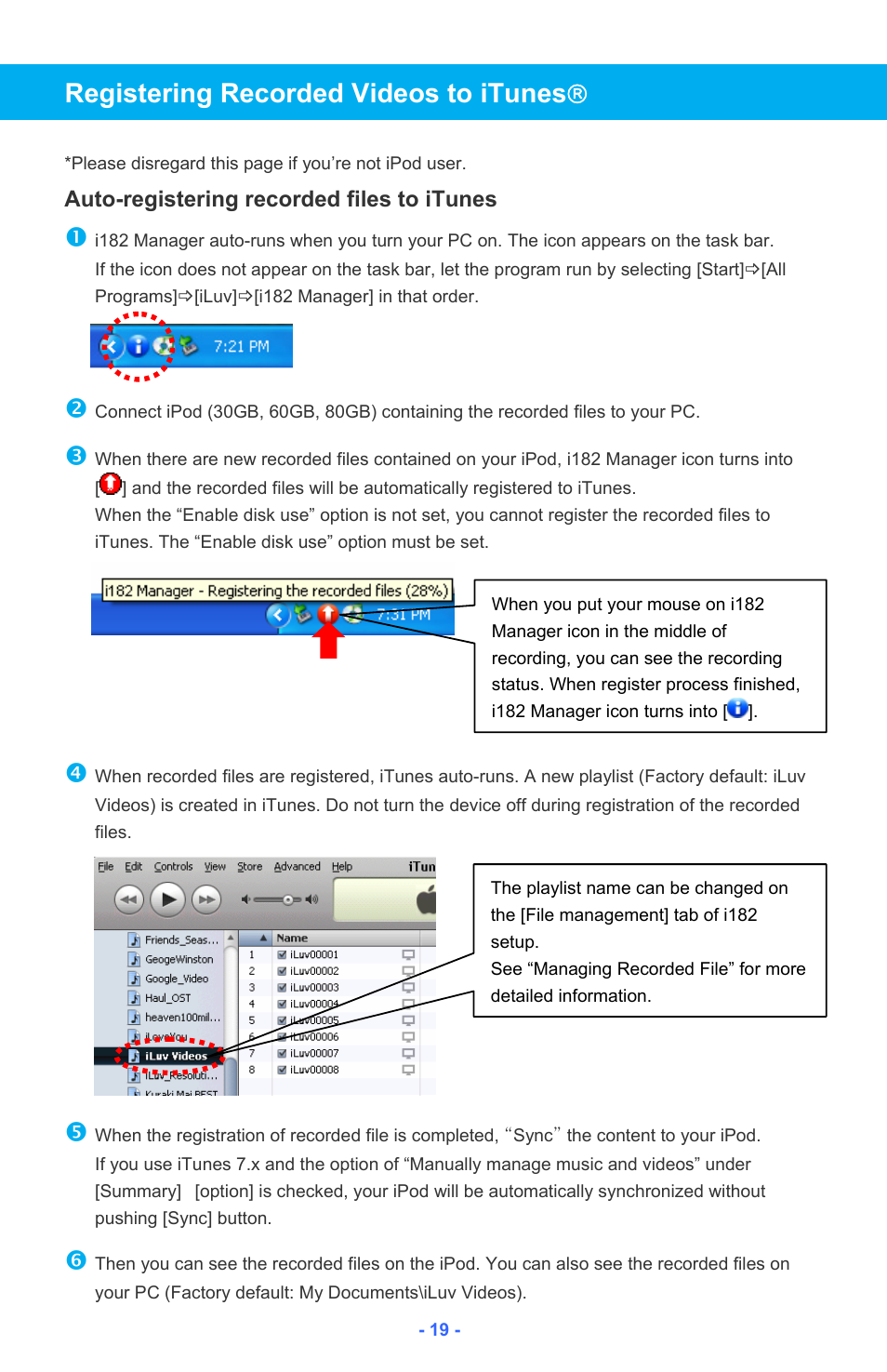 Registering recorded videos to itunes | Iluv i182 User Manual | Page 20 / 41