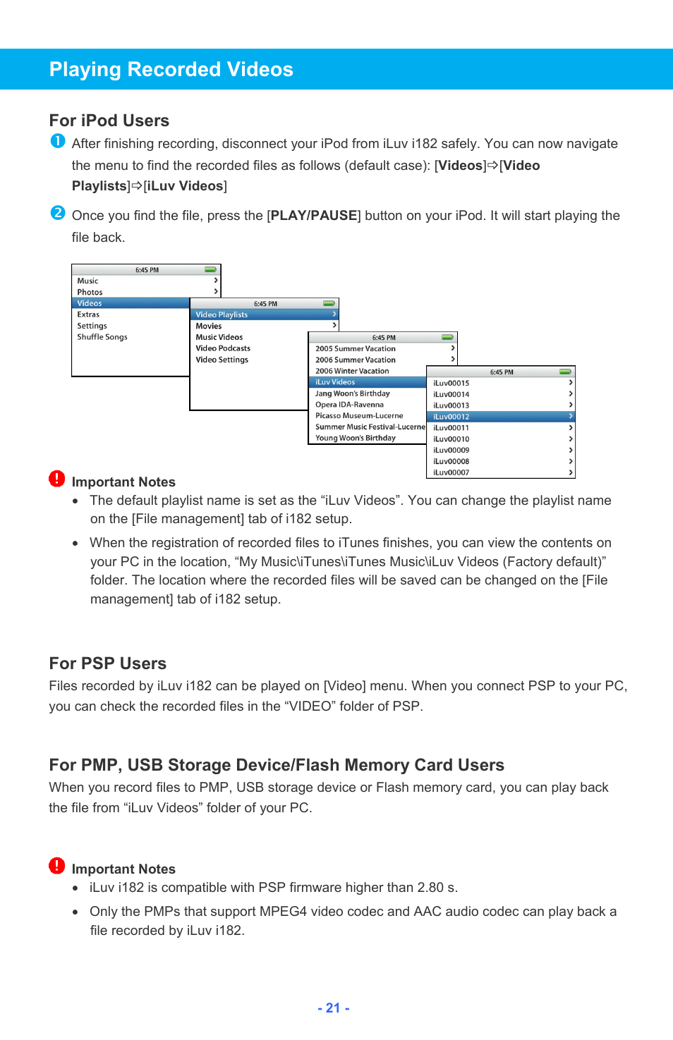 Playing recorded videos | Iluv i182 User Manual | Page 22 / 41