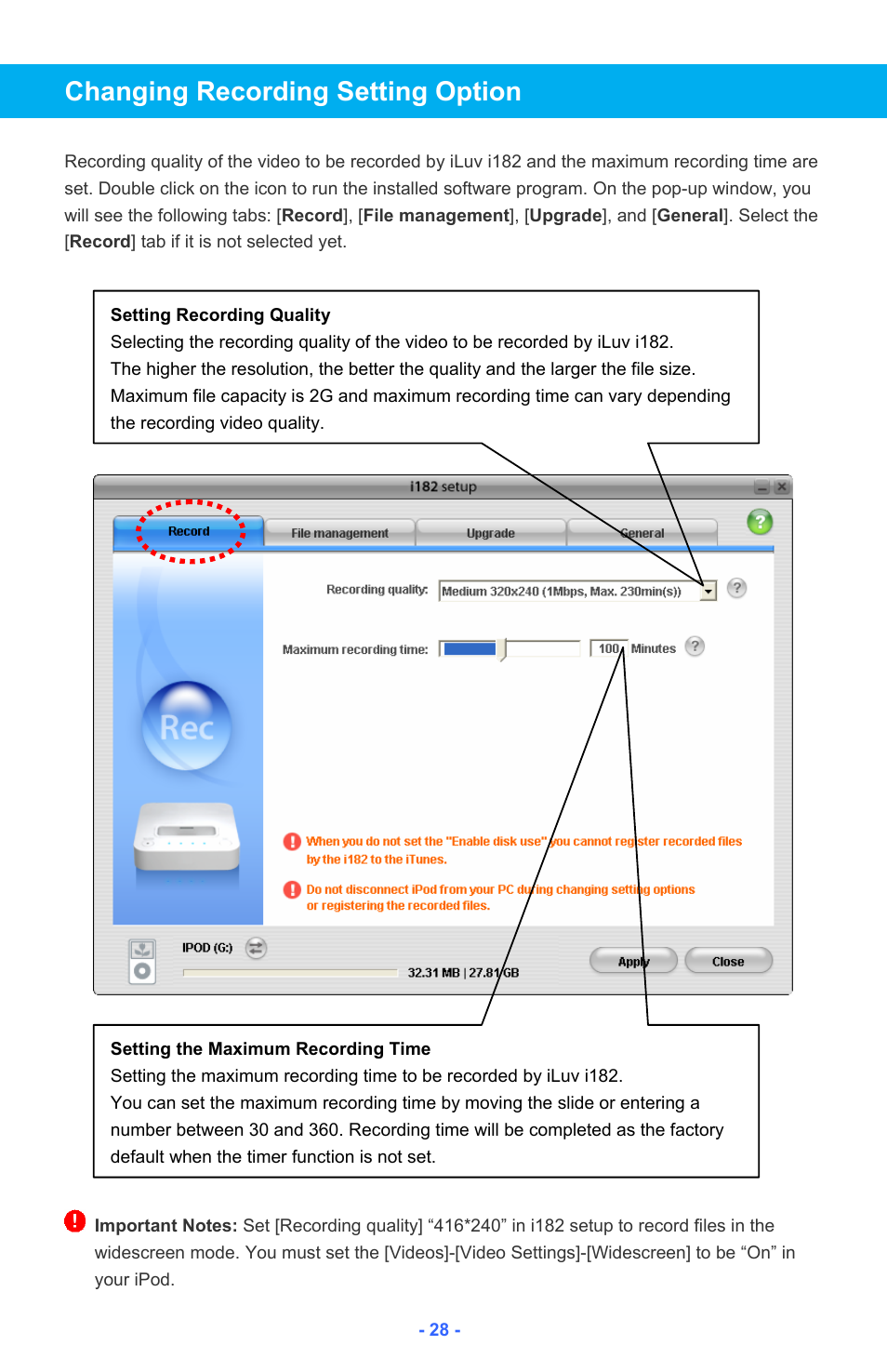 Changing recording setting option | Iluv i182 User Manual | Page 29 / 41