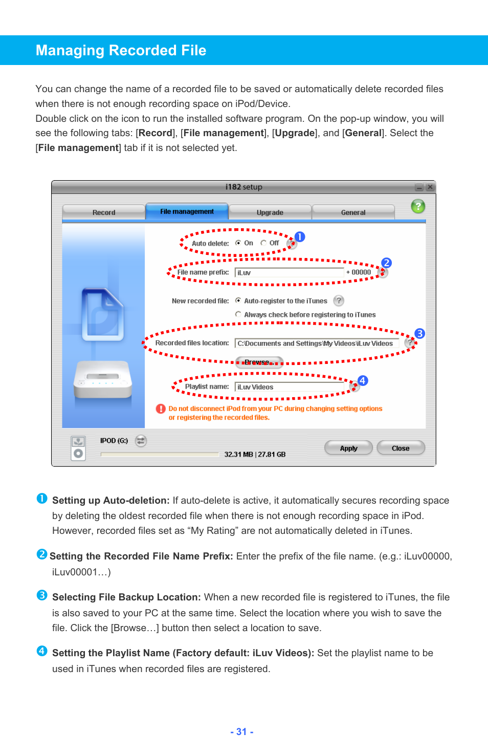 No p q managing recorded file | Iluv i182 User Manual | Page 32 / 41