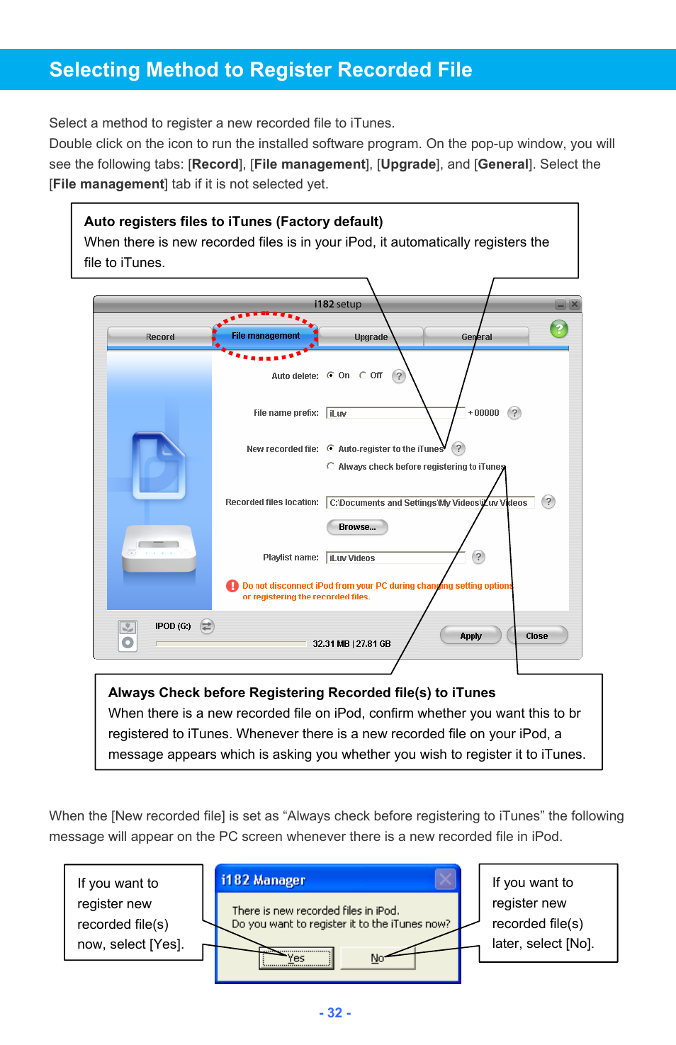 Selecting method to register recorded file | Iluv i182 User Manual | Page 33 / 41