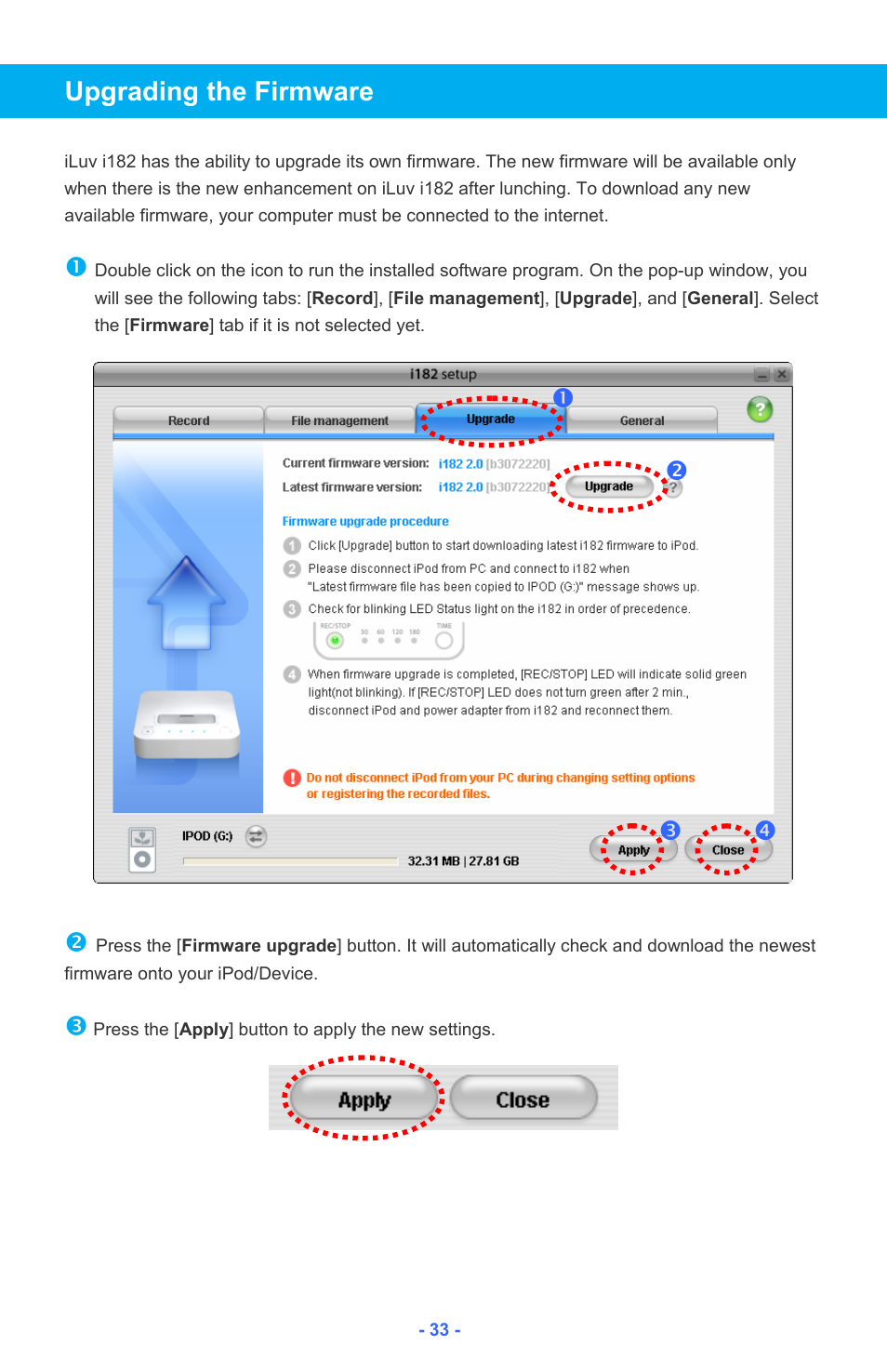 Upgrading the firmware, No p q | Iluv i182 User Manual | Page 34 / 41