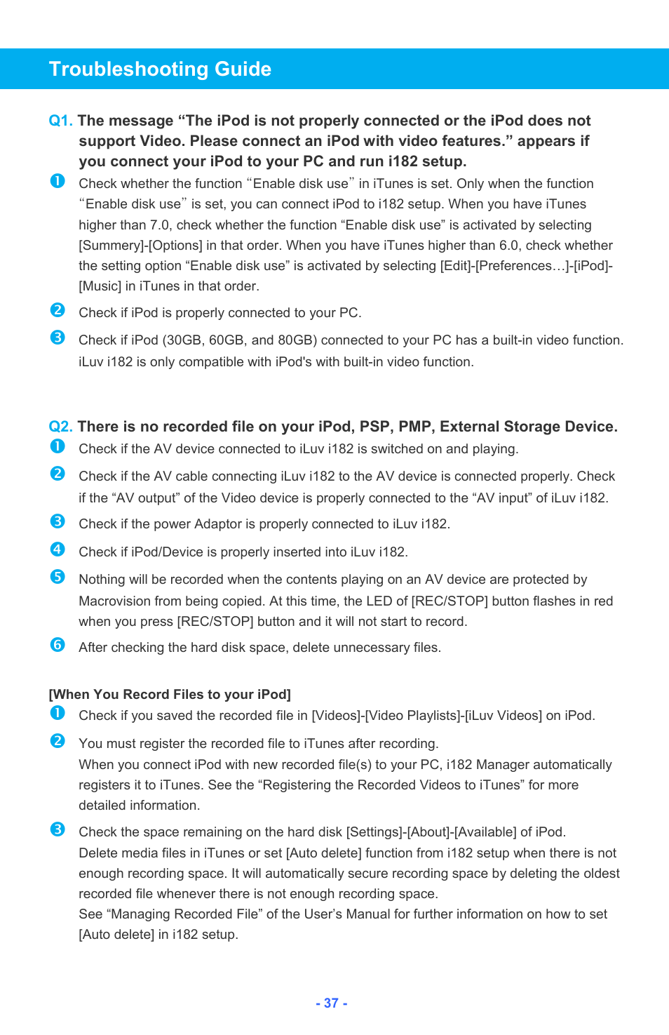 Troubleshooting guide | Iluv i182 User Manual | Page 38 / 41