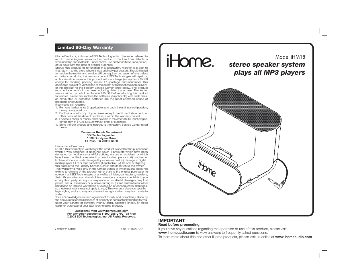 iHome IHM18 User Manual | 2 pages