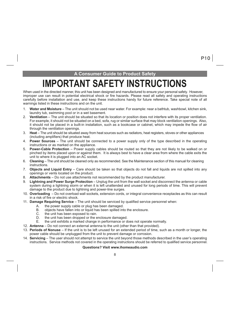 Important safety instructions, A consumer guide to product safety | iHome IA90 User Manual | Page 10 / 13