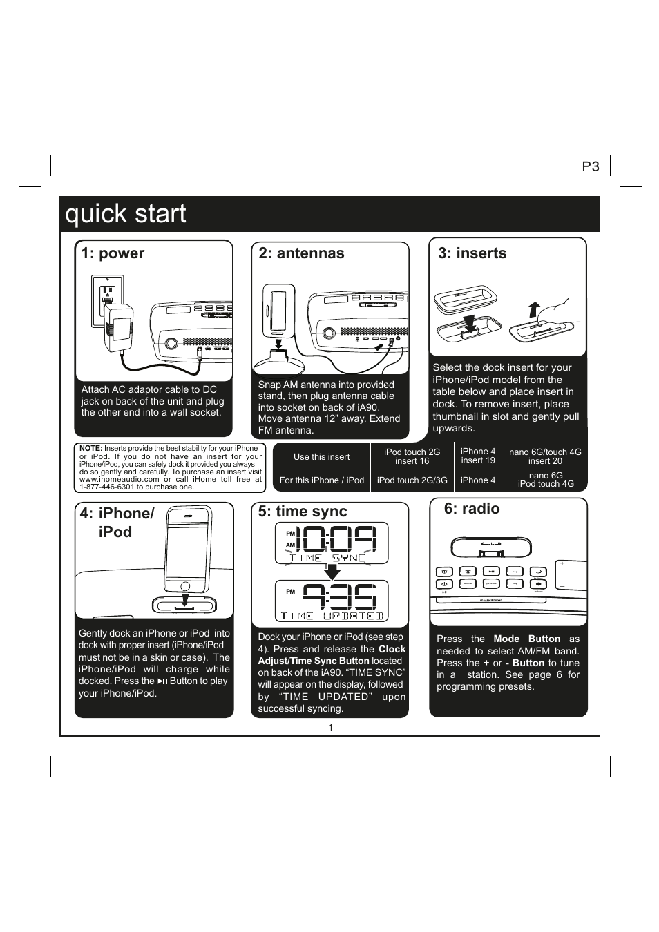 Quick start, Time sync 4: iphone/ ipod, Inserts 6: radio | Antennas 1: power | iHome IA90 User Manual | Page 3 / 13